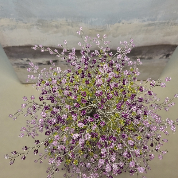 Beaded Bonsai Wire Tree, Pink, Purple, Green Wisteria on Driftwood - Picture 15 of 16